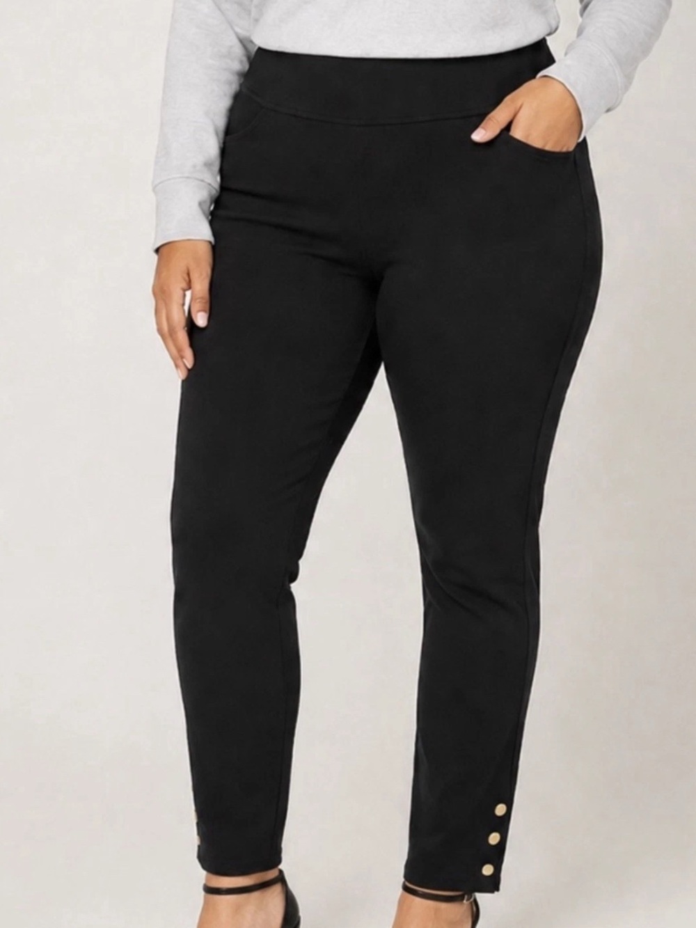 Belle by Kim Gravel Regular Ponte Goldtone Button Ankle Pant 10 NEW A719771